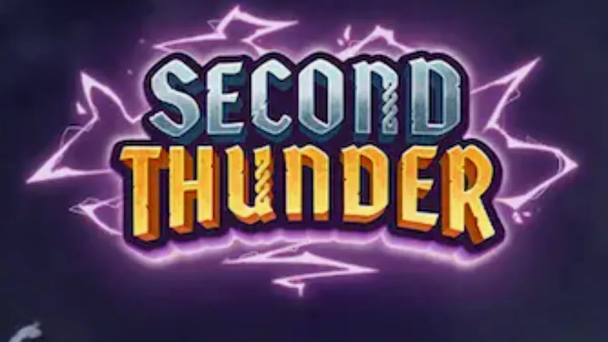 Pemandangan atmosferik slot Second Thunder dengan latar belakang pegunungan bersalju dan prajurit.